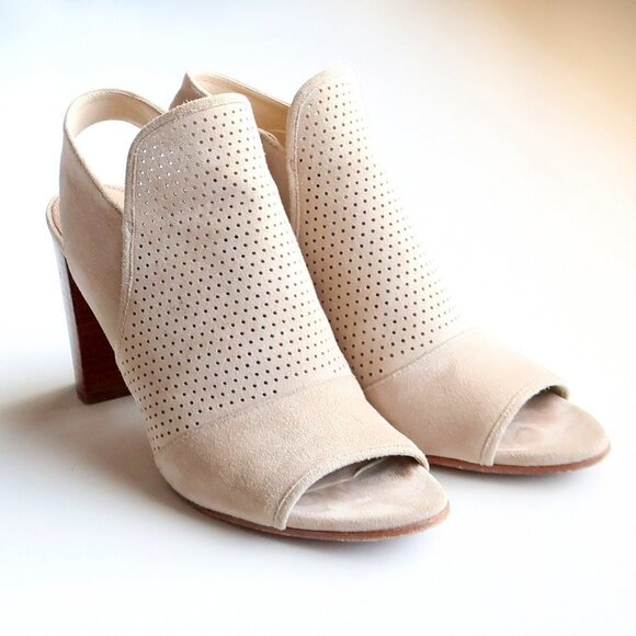 Via Spiga Beige Suede Leather Peep Toe Block Heel Perforated Bootie Shoes 5.5 - Picture 3 of 16